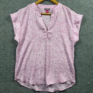 Vince Camuto Women's Pink Dot Print V Neck Short Sleeve Blouse Top XS